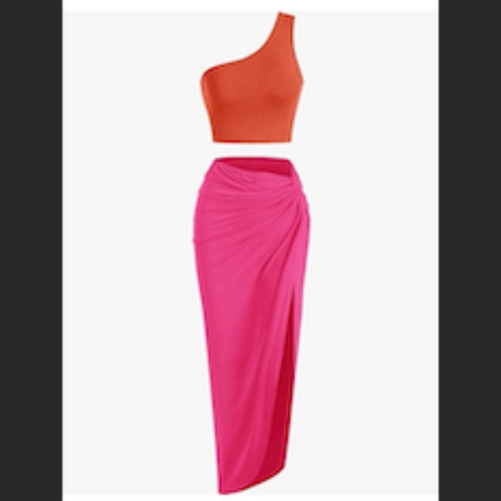 Zaful One-Shoulder Orange Crop Top with Hot Pink Draped Maxi Skirt